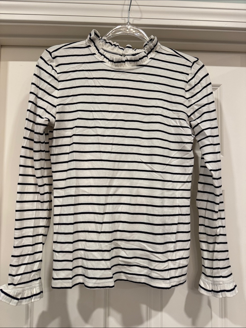 Ann Taylor Ivory & Navy Striped Ruffle Neck Long Sleeve Top - Small